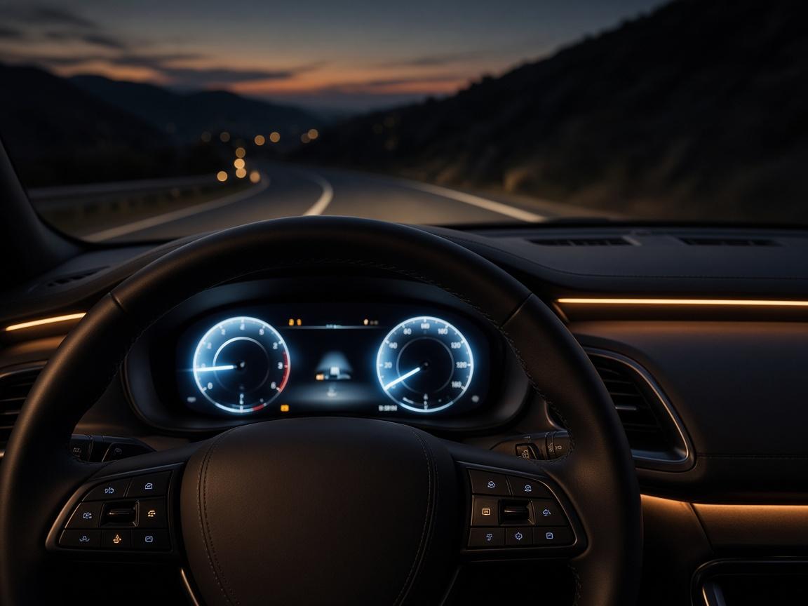 Illuminated car dashboard at dusk