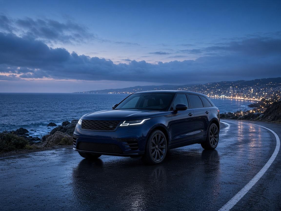 SUV on a coastal road at dusk